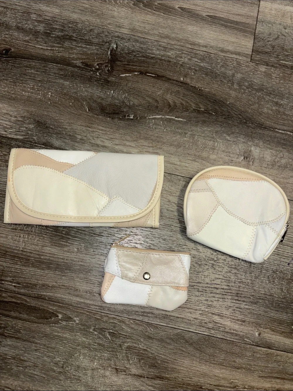 Patchwork Leather Cream and Beige Wallet, coin purse & Pouch Set